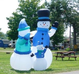 snowmen heading for the picnic table